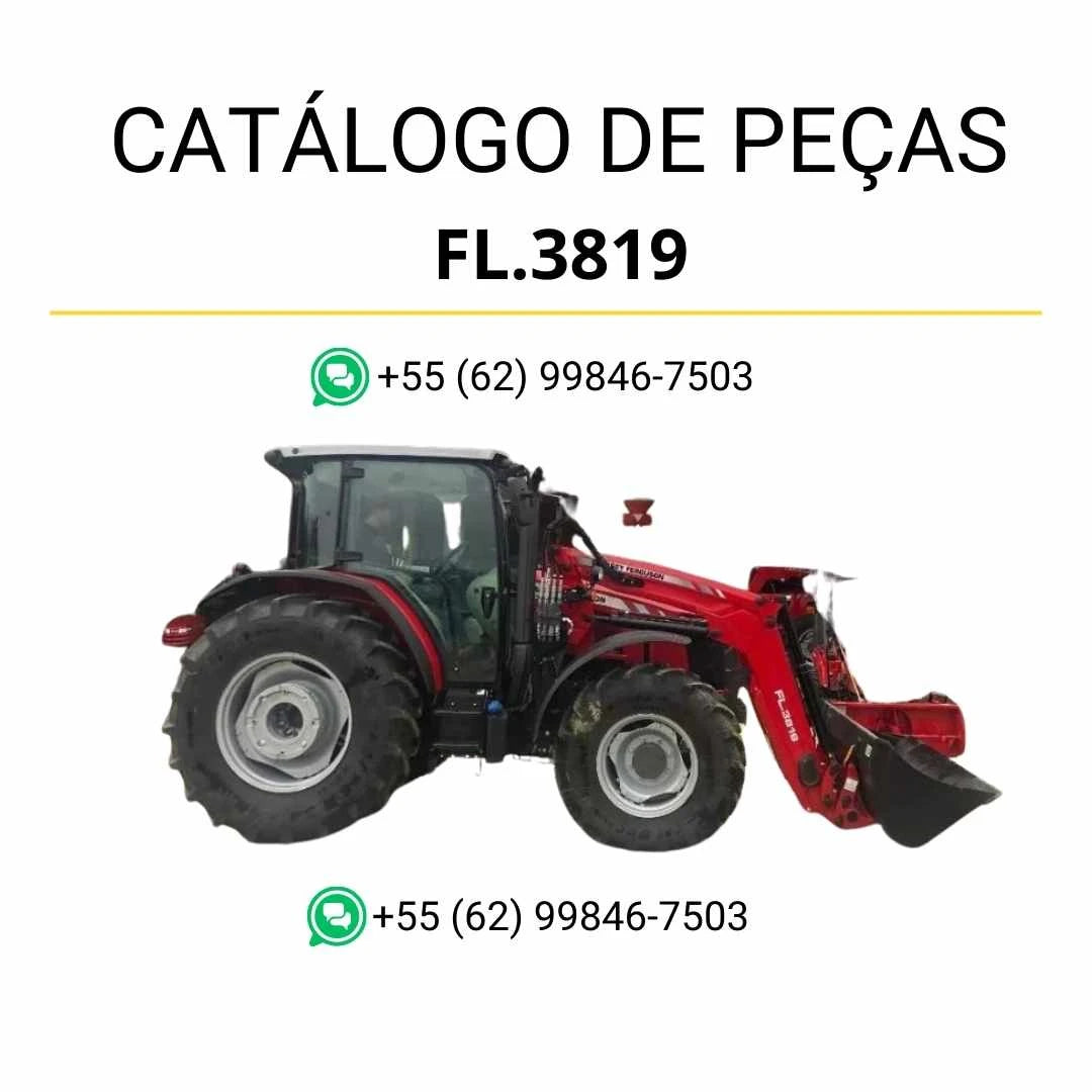 Catálogo de peças Massey Ferguson FL3819 em PDF com ilustrações técnicas e identificação completa dos componentes do carregador frontal