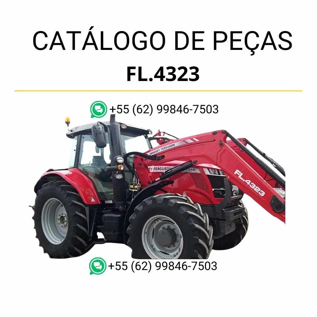 Catálogo de peças Massey Ferguson FL4323 em PDF com diagramas ilustrados do carregador frontal e identificação OEM dos conjuntos