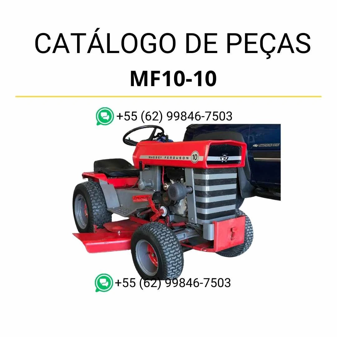Catálogo de peças Massey Ferguson MF10-10 Ride-On Mower em PDF, com diagramas ilustrados e identificação completa dos componentes mecânicos.