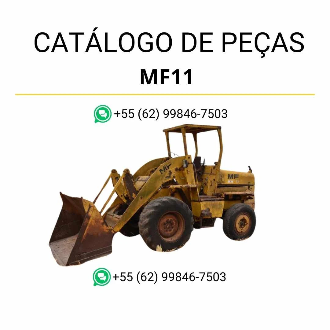 Catálogo de peças PDF Massey Ferguson MF11 para carregadeira, com diagramas detalhados e identificação completa de componentes originais.