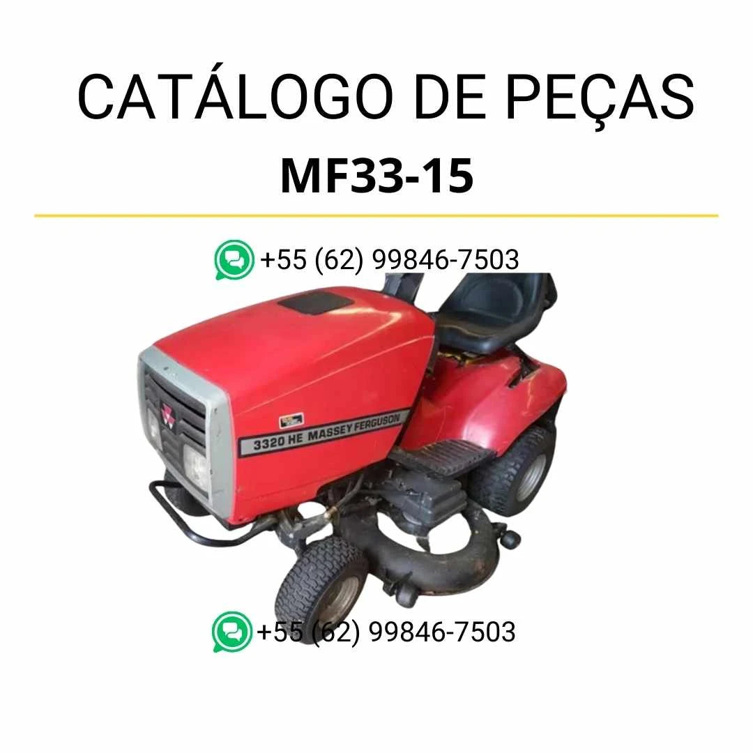 Catálogo de peças Massey Ferguson MF33-15, 33-20 e 33-20 HE em PDF, com diagramas técnicos e identificação detalhada dos componentes mecânicos.