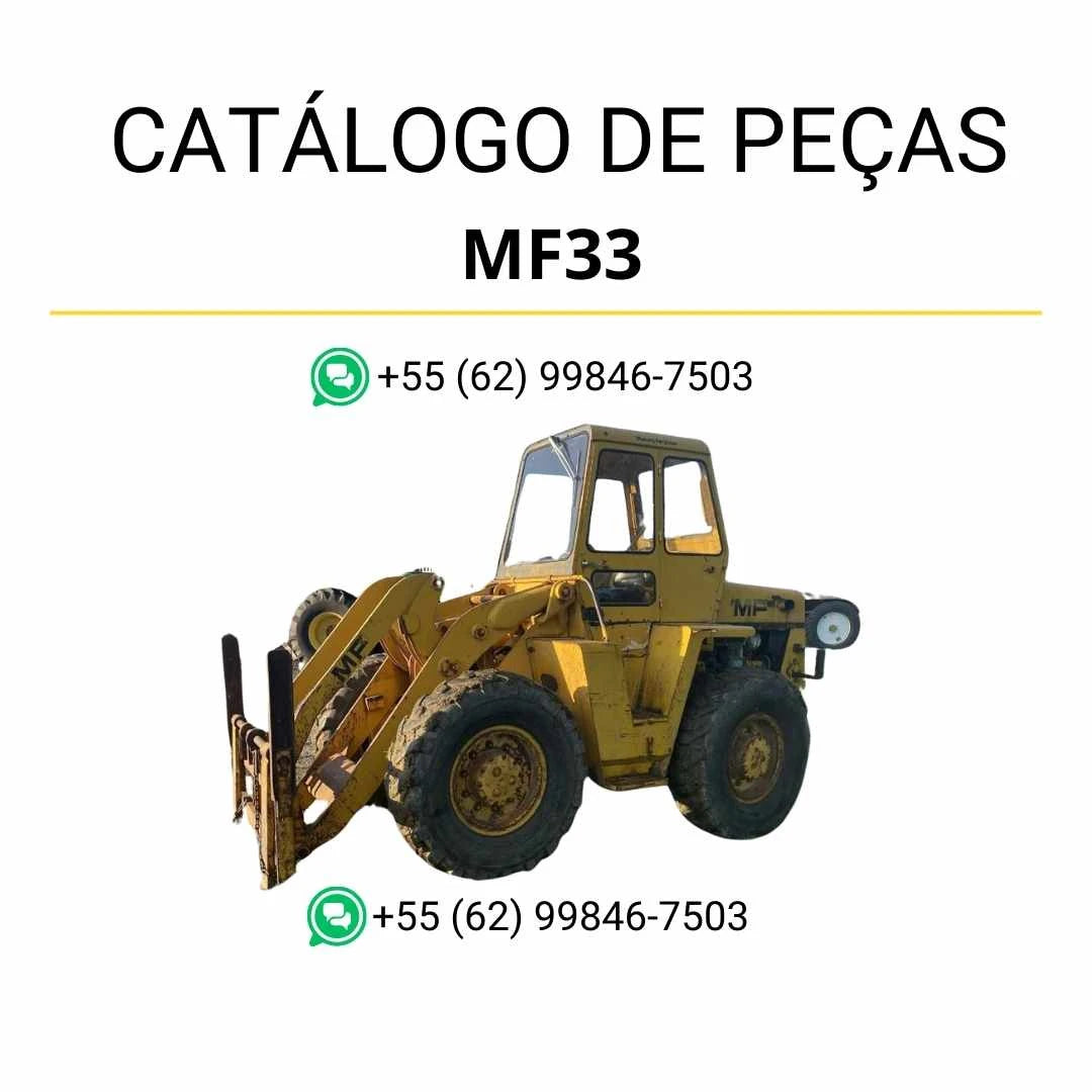 Catálogo de peças PDF Massey Ferguson MF33 para carregadeira, com ilustrações técnicas e identificação completa de componentes.