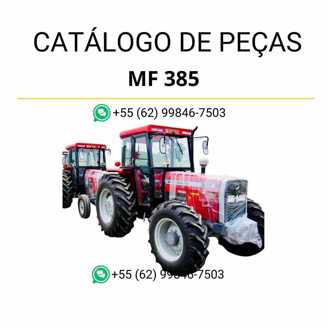 Catálogo de peças Massey Ferguson MF 385 em PDF com listas de componentes, ilustrações técnicas e identificação detalhada do trator