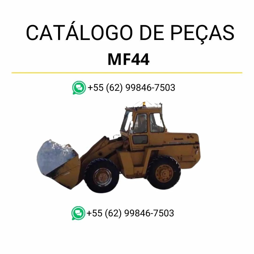 Catálogo de peças PDF Massey Ferguson MF44 para carregadeira, com diagramas completos e identificação detalhada de componentes originais.