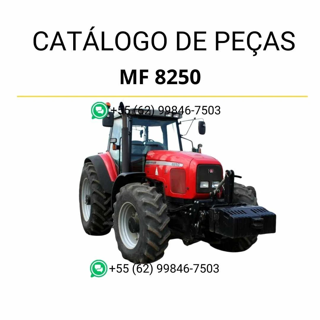 Catálogo de peças PDF Massey Ferguson MF 8250 para trator, com diagramas detalhados e componentes originais organizados por sistema.