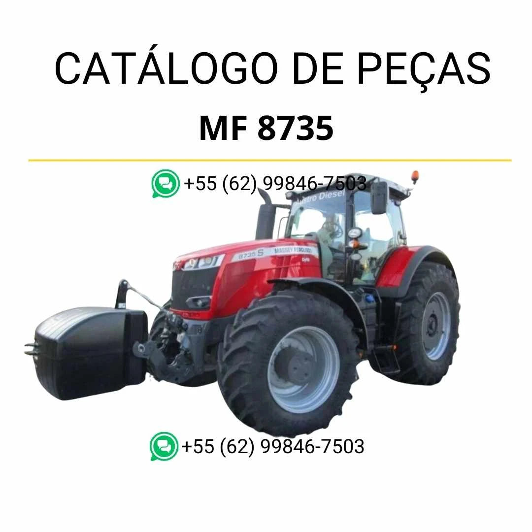 Catálogo de peças PDF Massey Ferguson MF 8735 e 3204 para trator, com ilustrações técnicas e identificação completa de componentes.