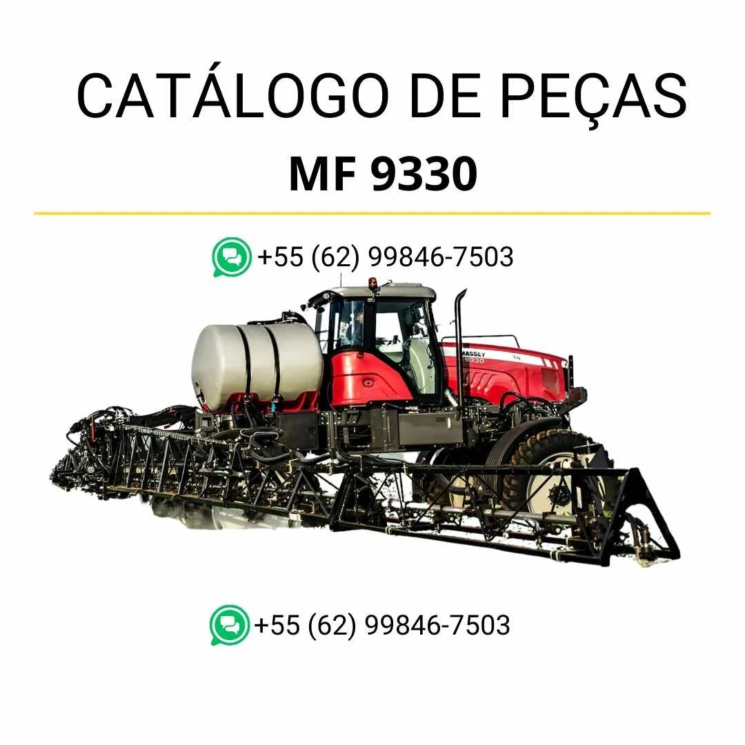 Catálogo de peças Massey Ferguson MF 9330 em PDF, com diagramas do pulverizador e identificação detalhada dos componentes originais.