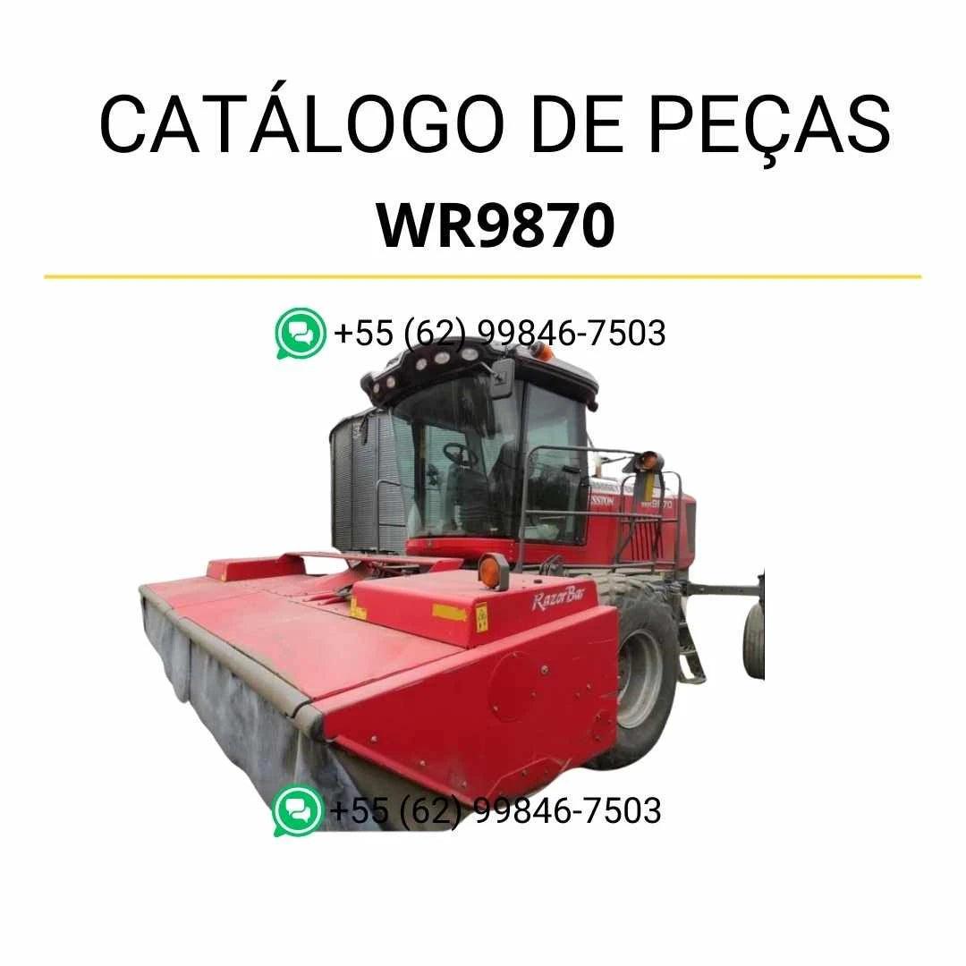 Catálogo de peças PDF Massey Ferguson WR9870 Windrower para trator, com ilustrações técnicas e identificação detalhada dos componentes.