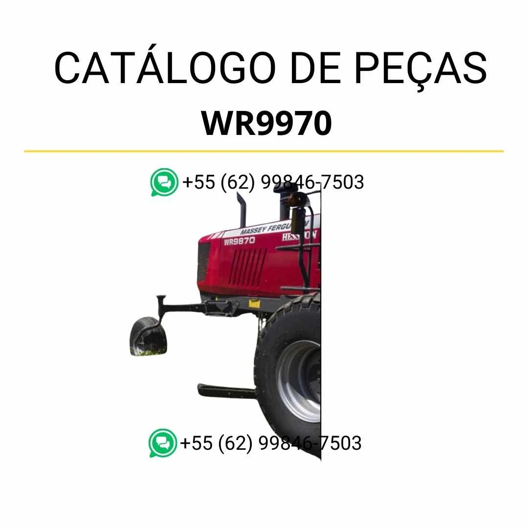 Catálogo de peças PDF Massey Ferguson WR9970 Windrower para trator, com diagramas detalhados e identificação de componentes originais.