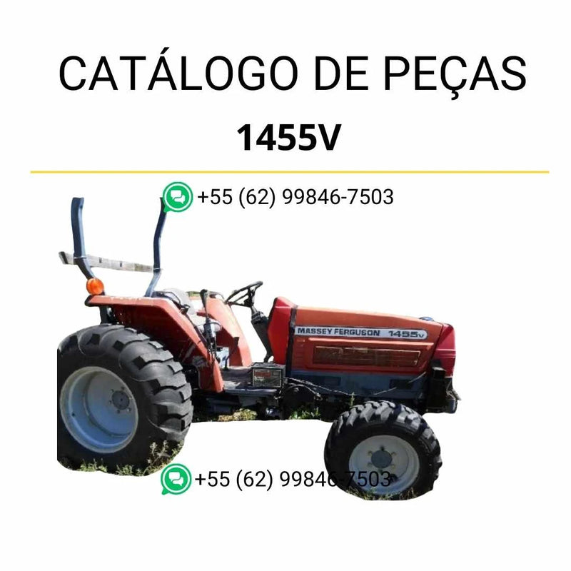 Catálogo de peças do trator Massey Ferguson 1455V em PDF, com ilustrações técnicas, componentes originais e vistas detalhadas para manutenção.