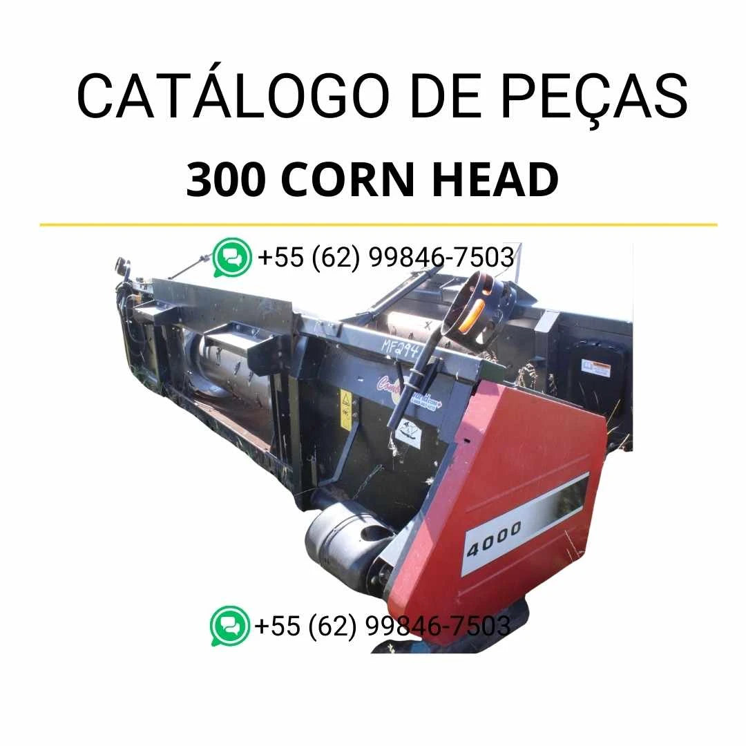 Catálogo de peças Massey Ferguson 300 Corn Head em PDF, com ilustrações técnicas e lista completa de componentes da colheitadeira.