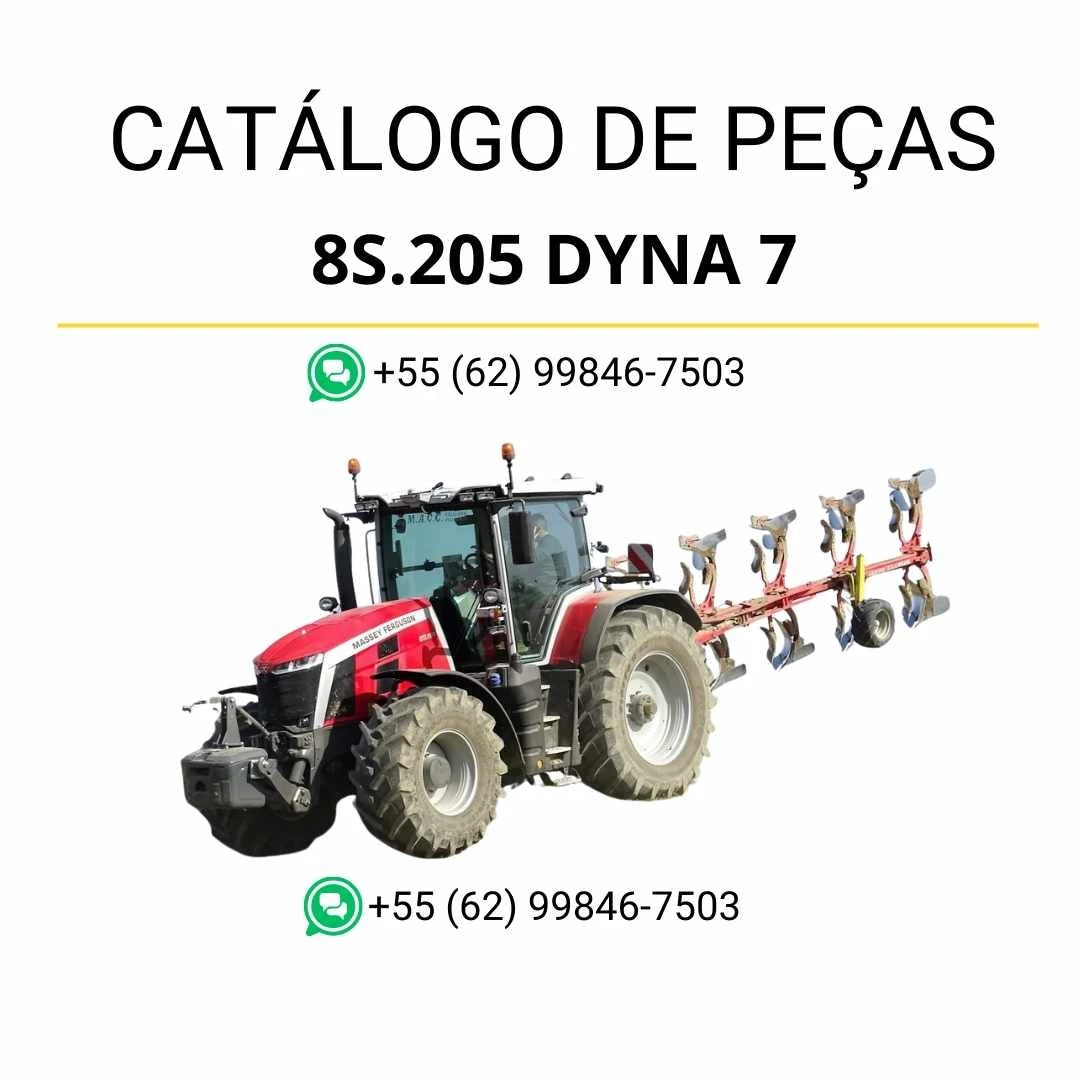 Catálogo de peças Massey Ferguson 8S.205 Dyna 7 em PDF, com diagramas detalhados, vistas explodidas e identificação completa dos componentes.