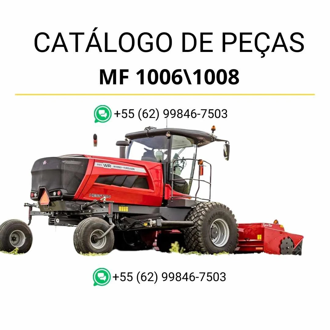Catálogo de peças Massey Ferguson MF 1006/1008 Header em PDF, com ilustrações técnicas detalhadas e identificação completa dos componentes originais.