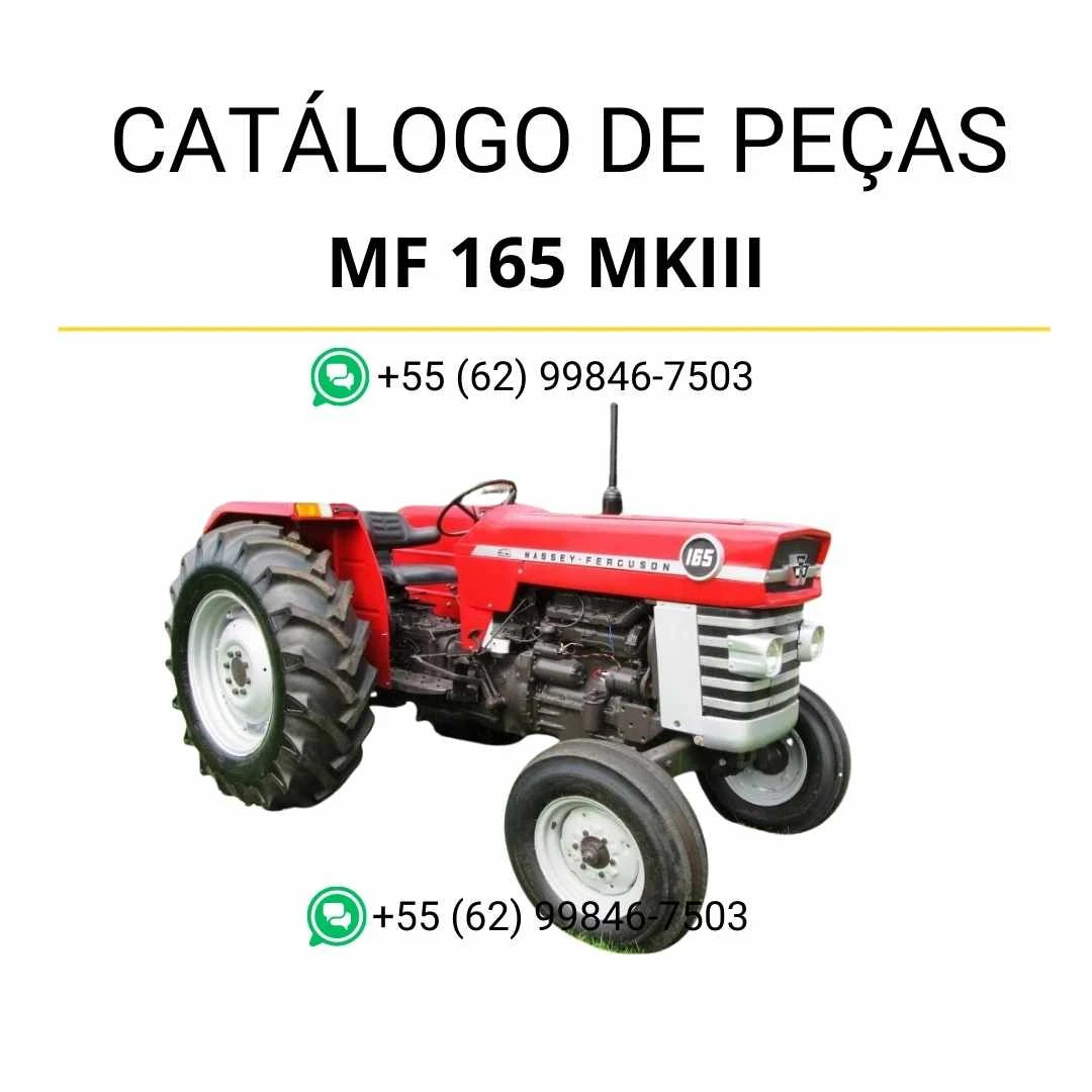 Catálogo de peças Massey Ferguson MF 165 MKIII e 165 Engine em PDF, com diagramas técnicos e identificação detalhada dos componentes originais.