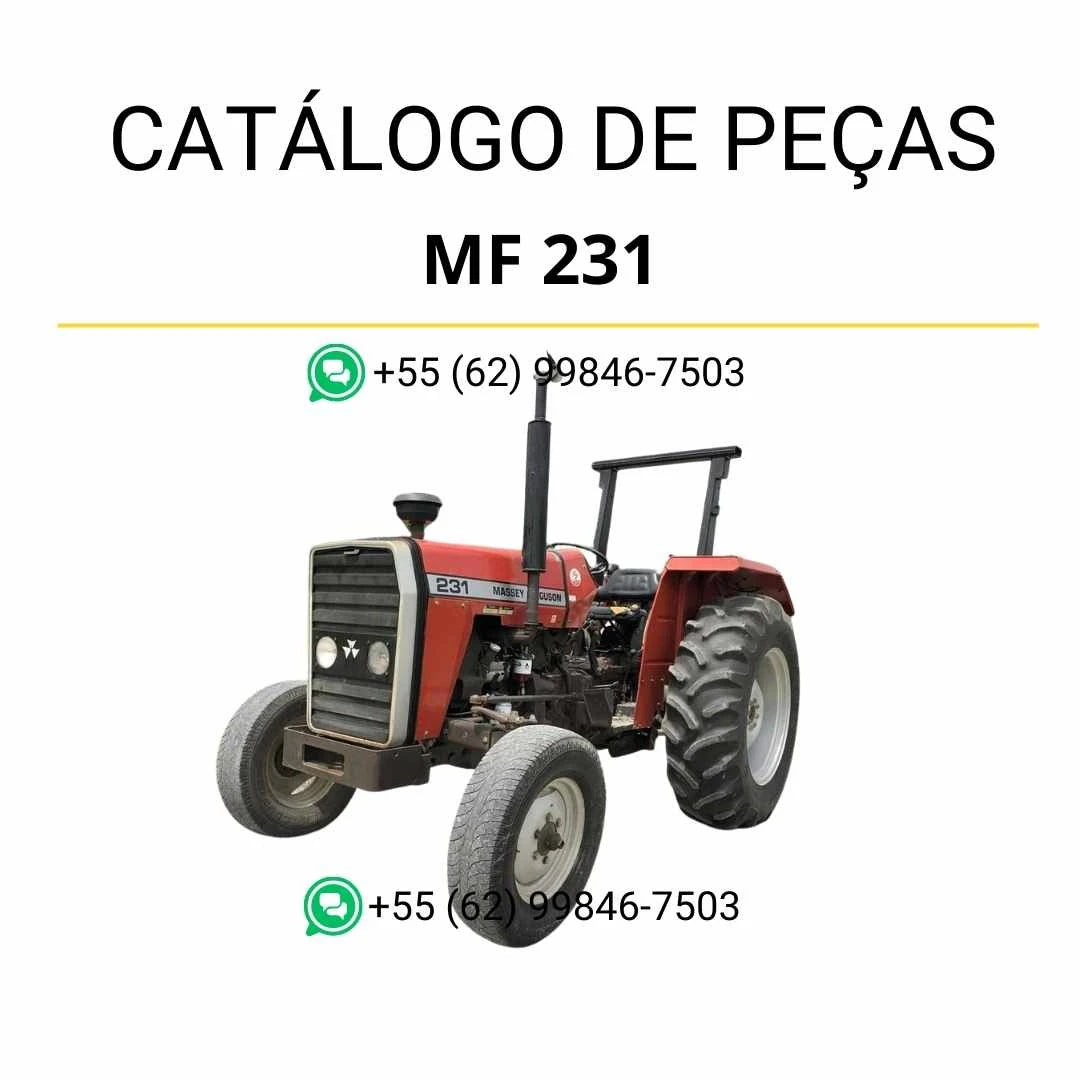 Catálogo de peças Massey Ferguson MF 231 para trator em PDF, com ilustrações técnicas detalhadas e identificação completa dos componentes originais.