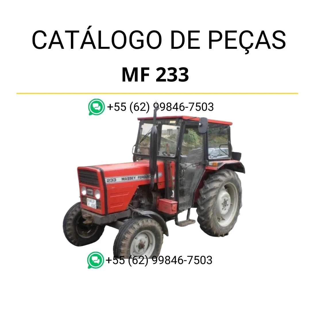 Catálogo de peças Massey Ferguson MF 233 para trator em PDF, com diagramas técnicos completos e identificação detalhada dos componentes originais.