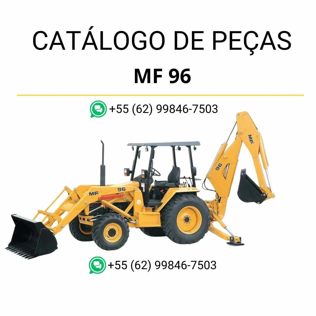 Catálogo de peças da retroescavadeira Massey Ferguson MF 96 em PDF, com diagramas detalhados e componentes originais para manutenção