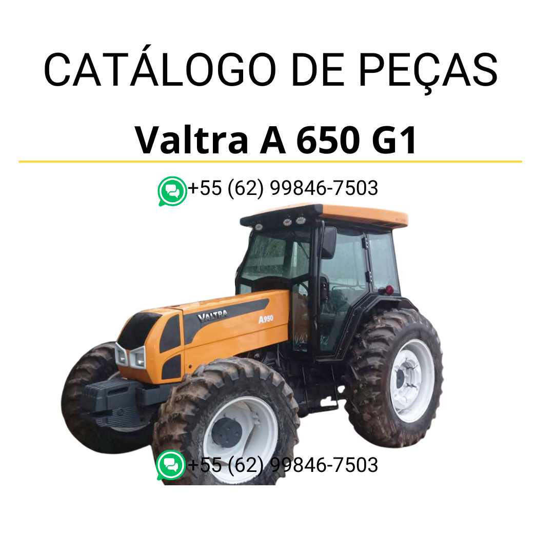 Catálogo de peças Valtra A650 G1 em PDF — contém diagramas técnicos detalhados, lista de componentes originais e referências completas para manutenção do trator agrícola.