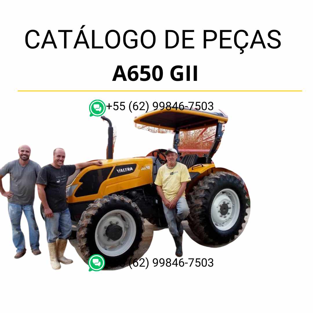 Catálogo de peças Valtra A650 GII Trator Fruteiro em PDF — contém diagramas técnicos detalhados, lista completa de componentes originais e ilustrações de montagem para facilitar manutenção e identificação de peças agrícolas.