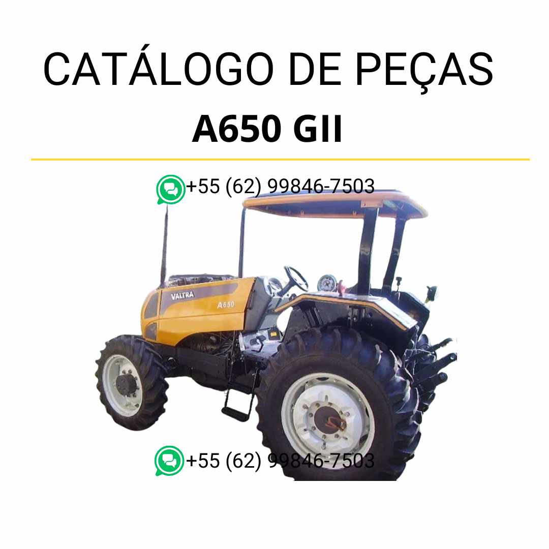 Catálogo de peças Valtra A650 GII Trator em PDF — inclui diagramas técnicos completos, ilustrações detalhadas e lista original de componentes para manutenção e identificação precisa de peças agrícolas.