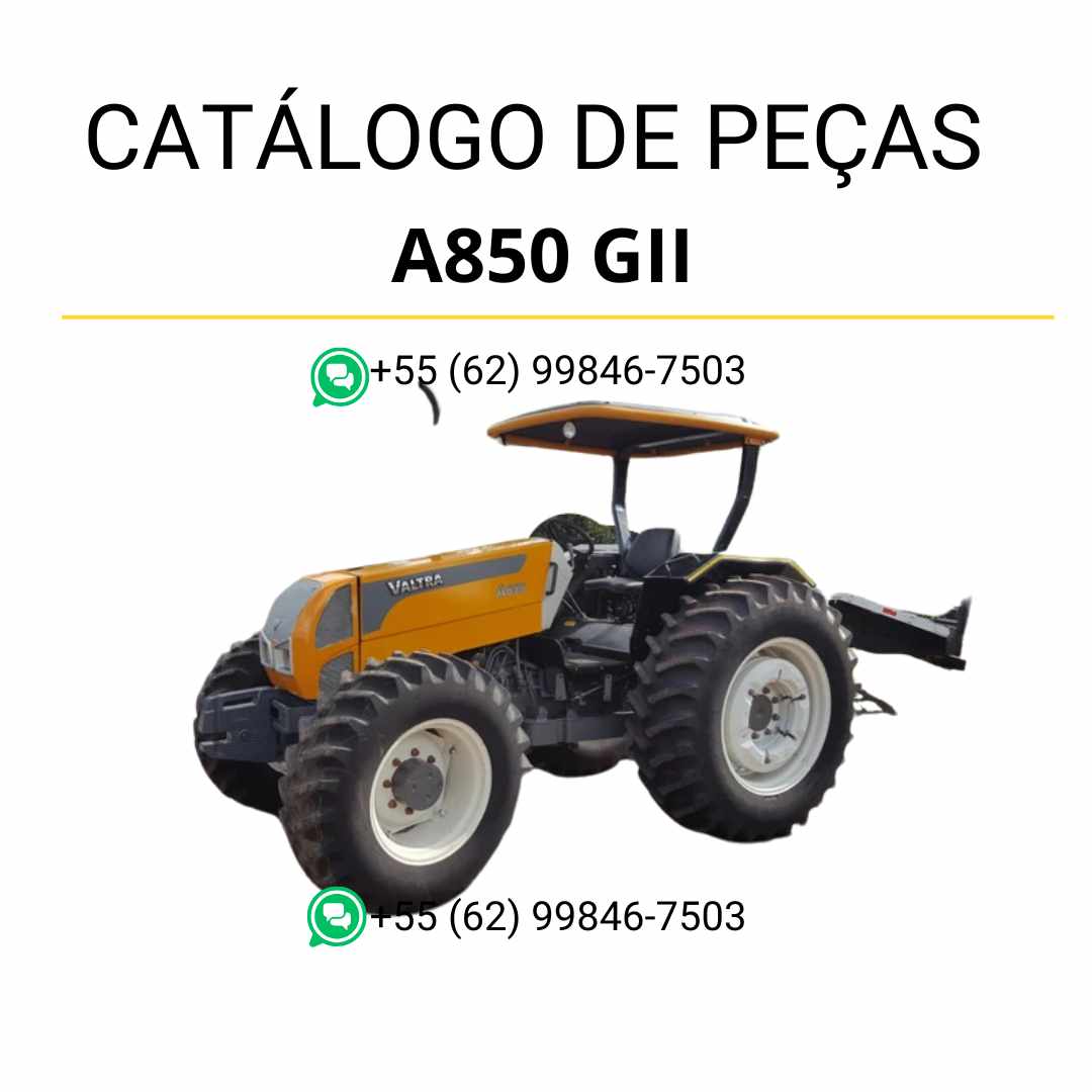Catálogo de peças Valtra A850 GII em PDF — inclui diagramas técnicos detalhados, lista de componentes originais e códigos completos do trator agrícola Valtra.