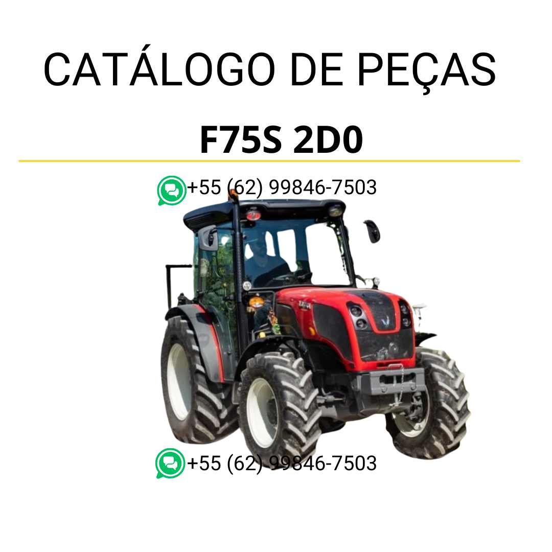 Catálogo de peças Valtra F75S (F Series) em PDF — contém diagramas técnicos detalhados, ilustrações de montagem e lista completa de componentes originais do trator fruteiro agrícola.