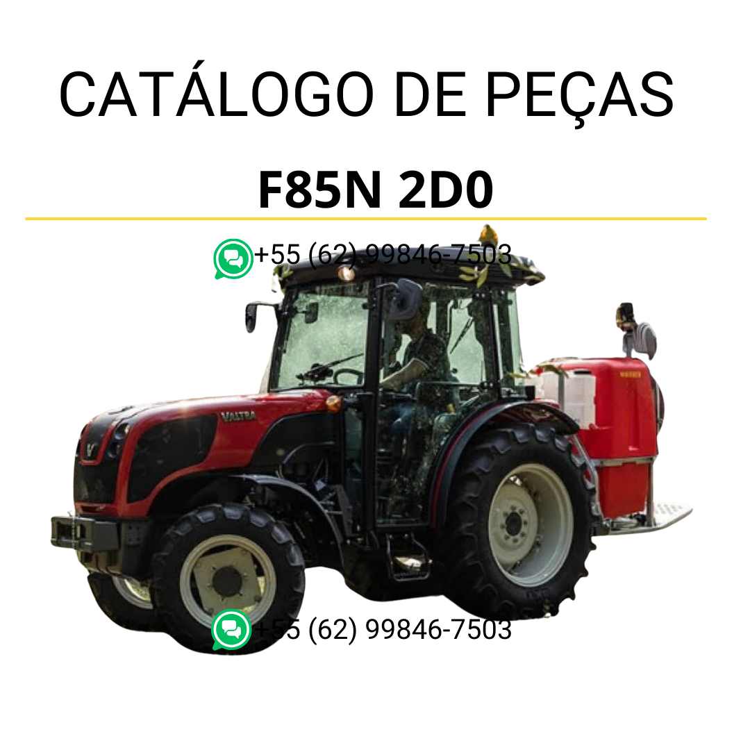 Catálogo de peças Valtra F85N (F Series) em PDF — apresenta diagramas técnicos detalhados, códigos originais e ilustrações completas para manutenção e identificação do trator fruteiro agrícola.