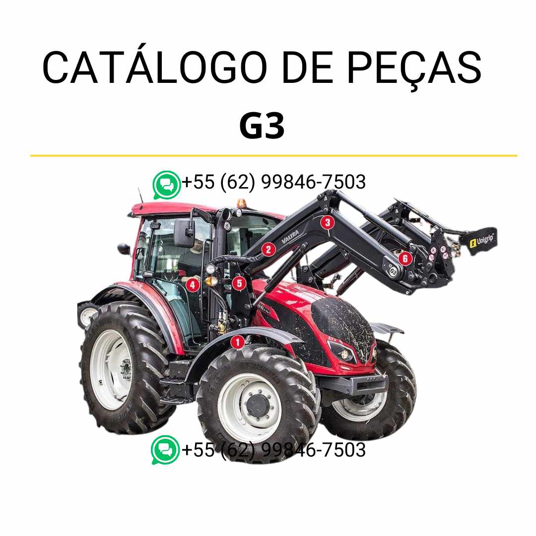 Catálogo de peças Valtra G3 em PDF — guia ilustrado com diagramas técnicos detalhados e lista completa de componentes originais do carregador frontal agrícola.