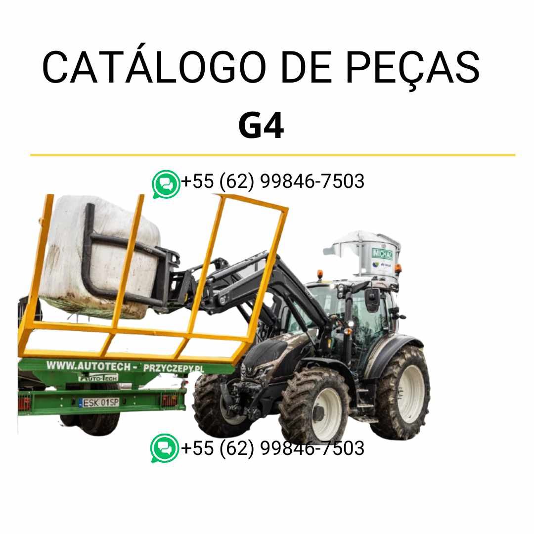 Catálogo de peças Valtra G4 em PDF — lista completa de componentes originais com diagramas técnicos e ilustrações detalhadas do carregador frontal agrícola.