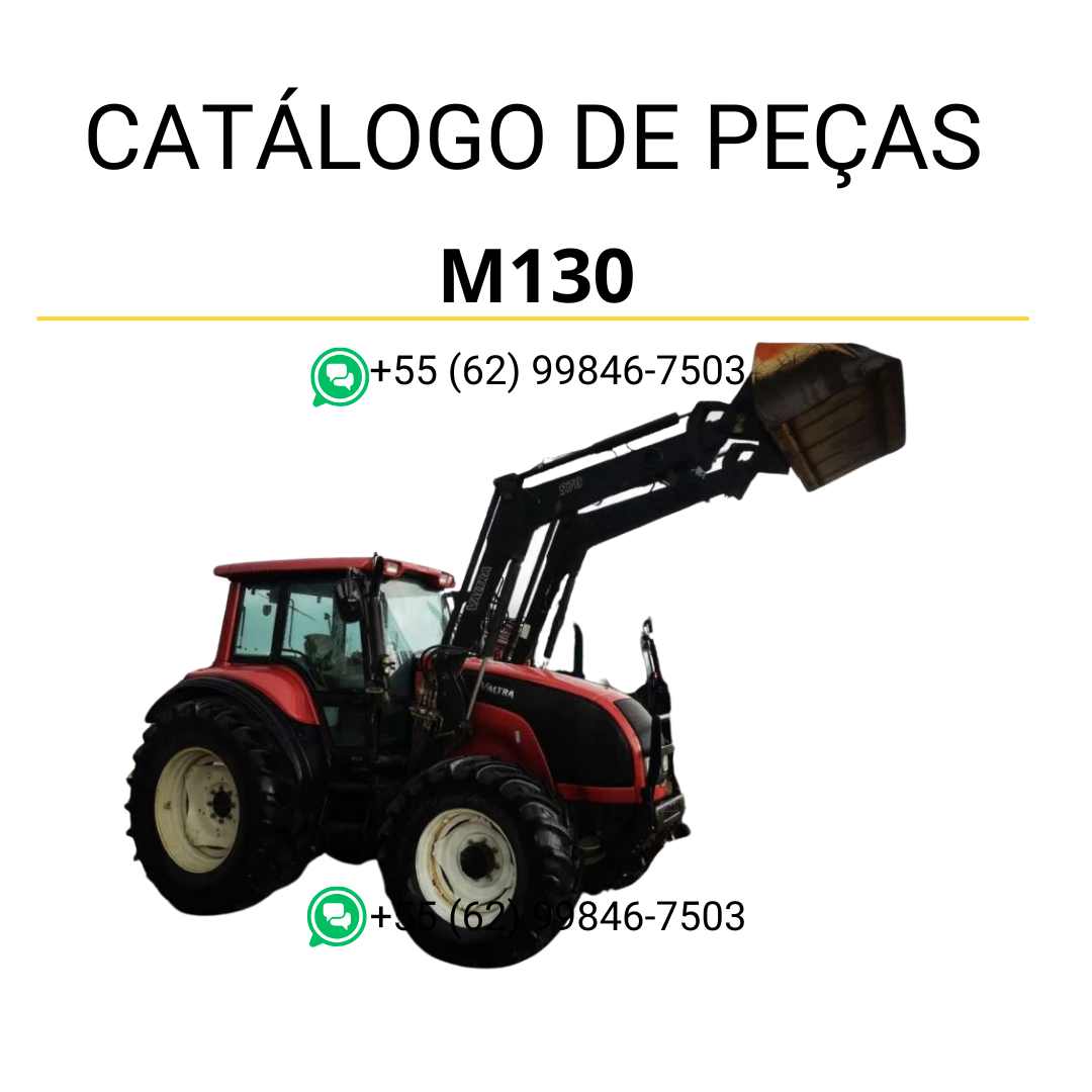 Catálogo de peças Valtra M130 (M Series) em PDF — contém diagramas técnicos detalhados, códigos originais e listas completas de componentes para manutenção e reparos do trator agrícola.
