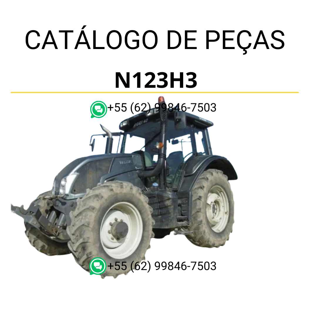 Catálogo de peças Valtra N123H3 (N3 Series) em PDF — apresenta diagramas técnicos detalhados, vistas explodidas e lista completa de componentes originais para manutenção e identificação das peças do trator.