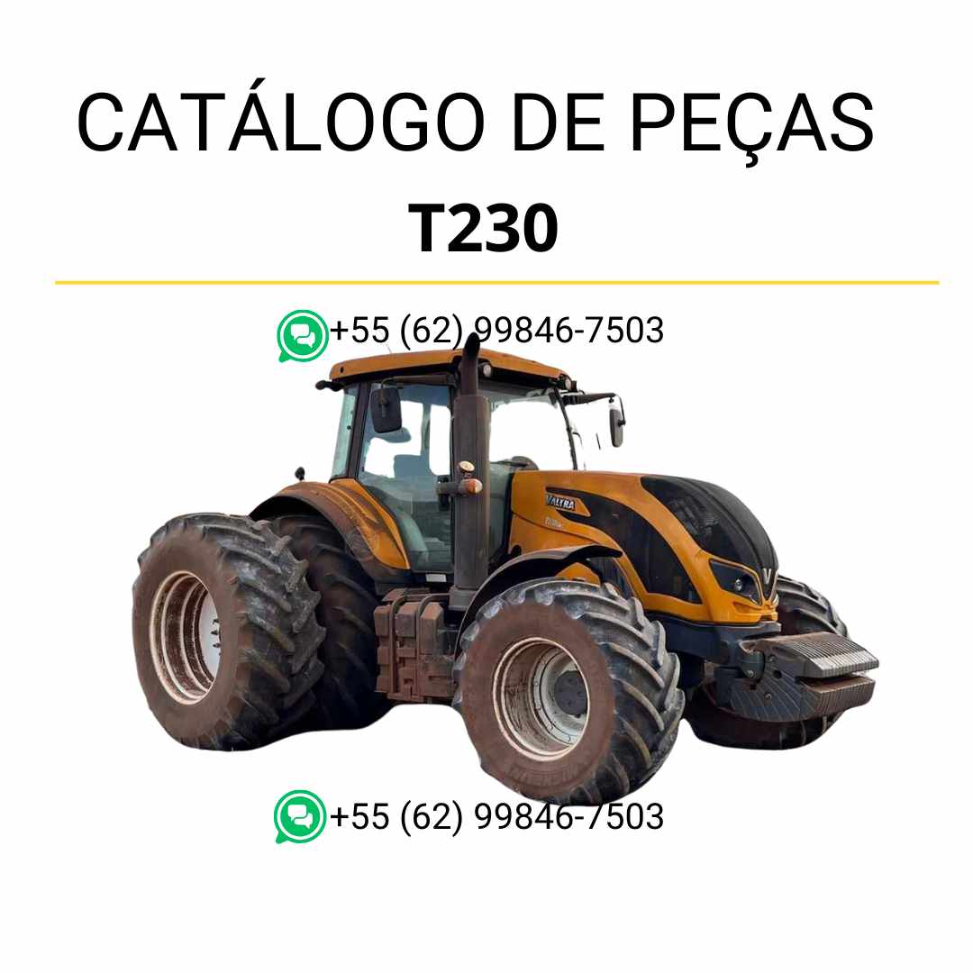 Catálogo de peças Valtra T230 em PDF — inclui diagramas técnicos, códigos originais e lista completa de componentes do trator agrícola.