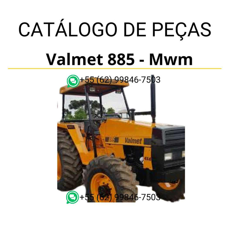Catálogo de peças Valtra Valmet 885 com motor MWM em PDF — inclui diagramas técnicos detalhados, códigos originais e lista completa de componentes do trator agrícola.
