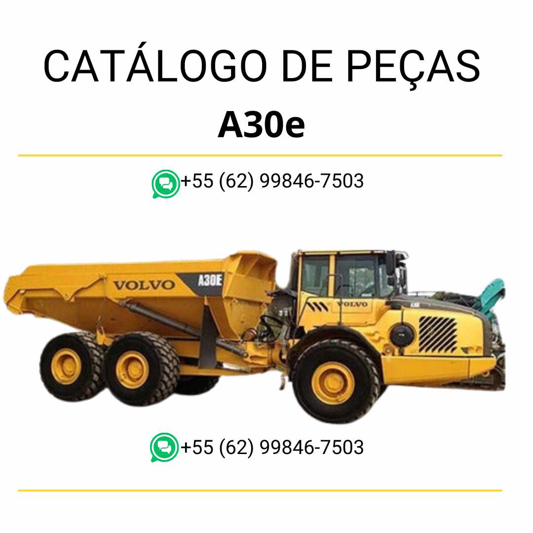 Catálogo PDF em português do caminhão articulado Volvo A30E com diagramas técnicos, listas de peças e identificação completa
