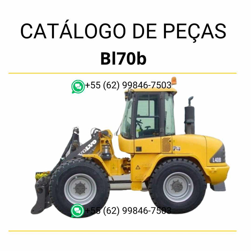 Catálogo de peças PDF para retroescavadeira Volvo BL70B com conteúdo técnico em português, diagramas e códigos originais