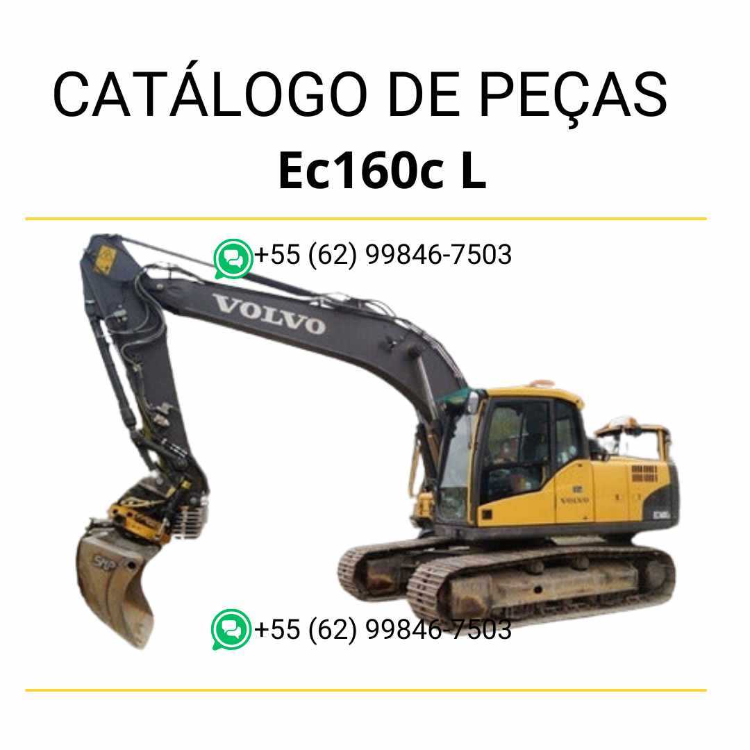 Catálogo de peças em PDF da escavadeira Volvo EC160C L, com listas detalhadas de componentes e diagramas técnicos em português.