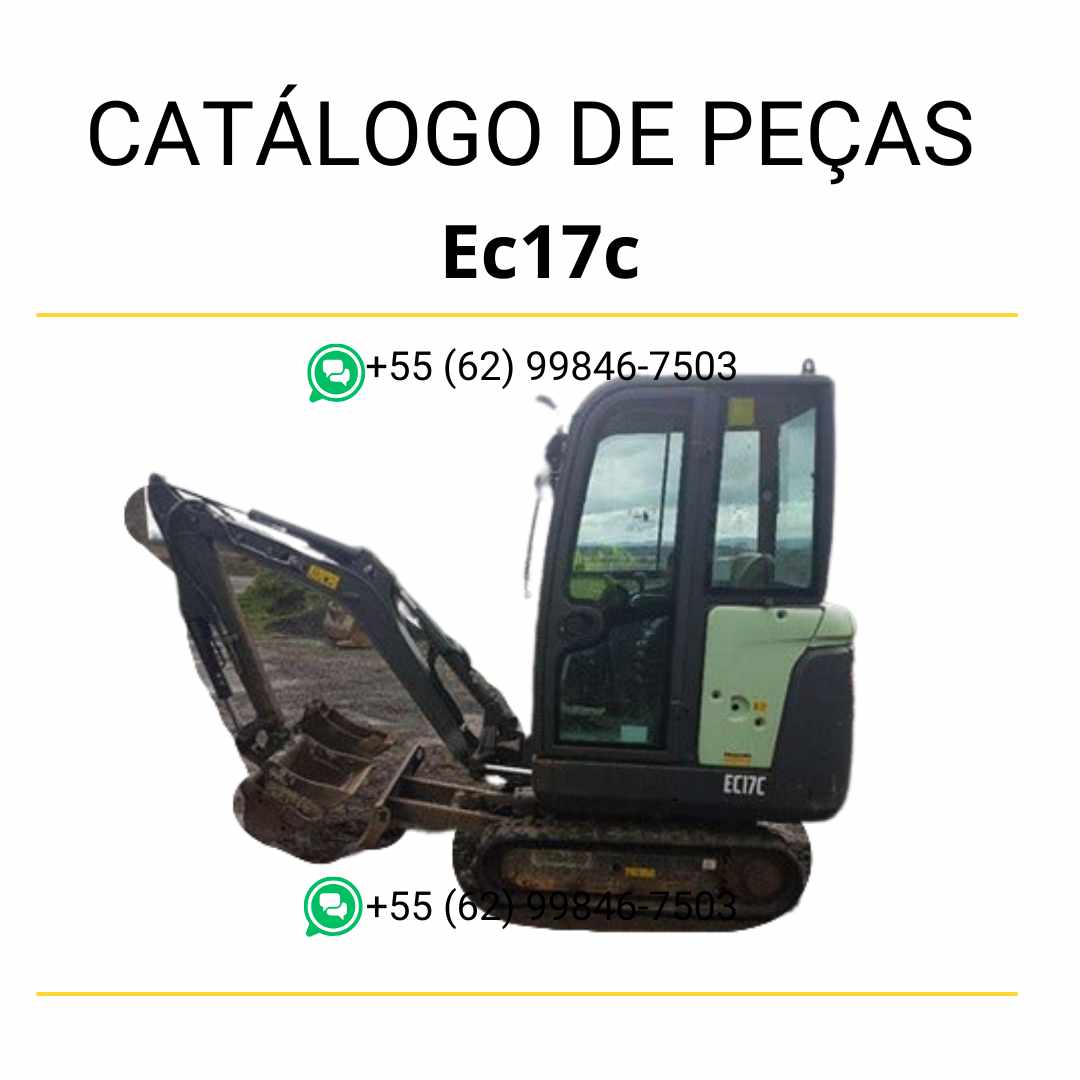 Catálogo de peças em PDF da escavadeira compacta Volvo EC17C, com diagramas técnicos detalhados em português para manutenção e identificação de componentes.
