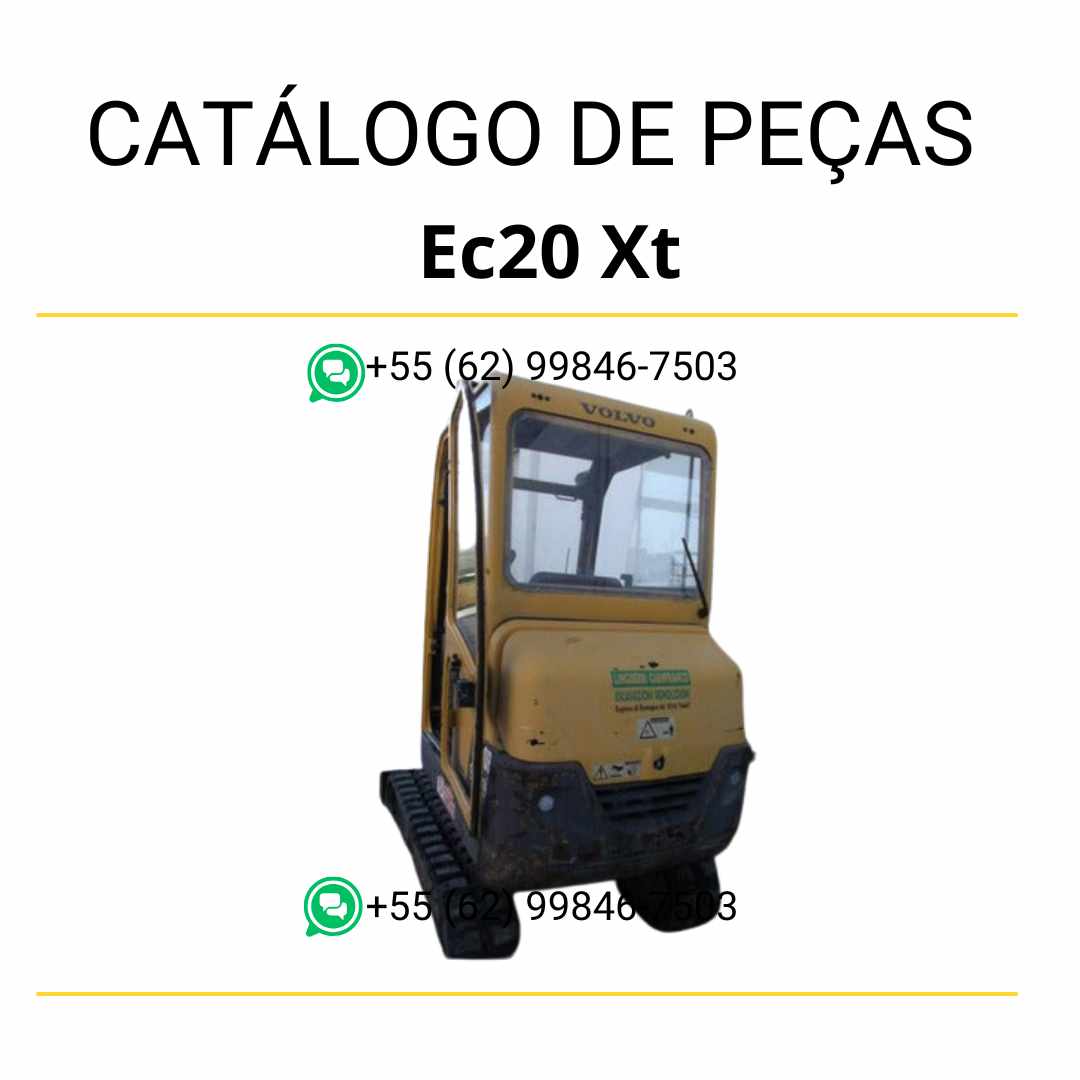Catálogo de peças em PDF para escavadeira compacta Volvo EC20 XT, com conteúdo técnico em português e diagramas ilustrados para manutenção e identificação.