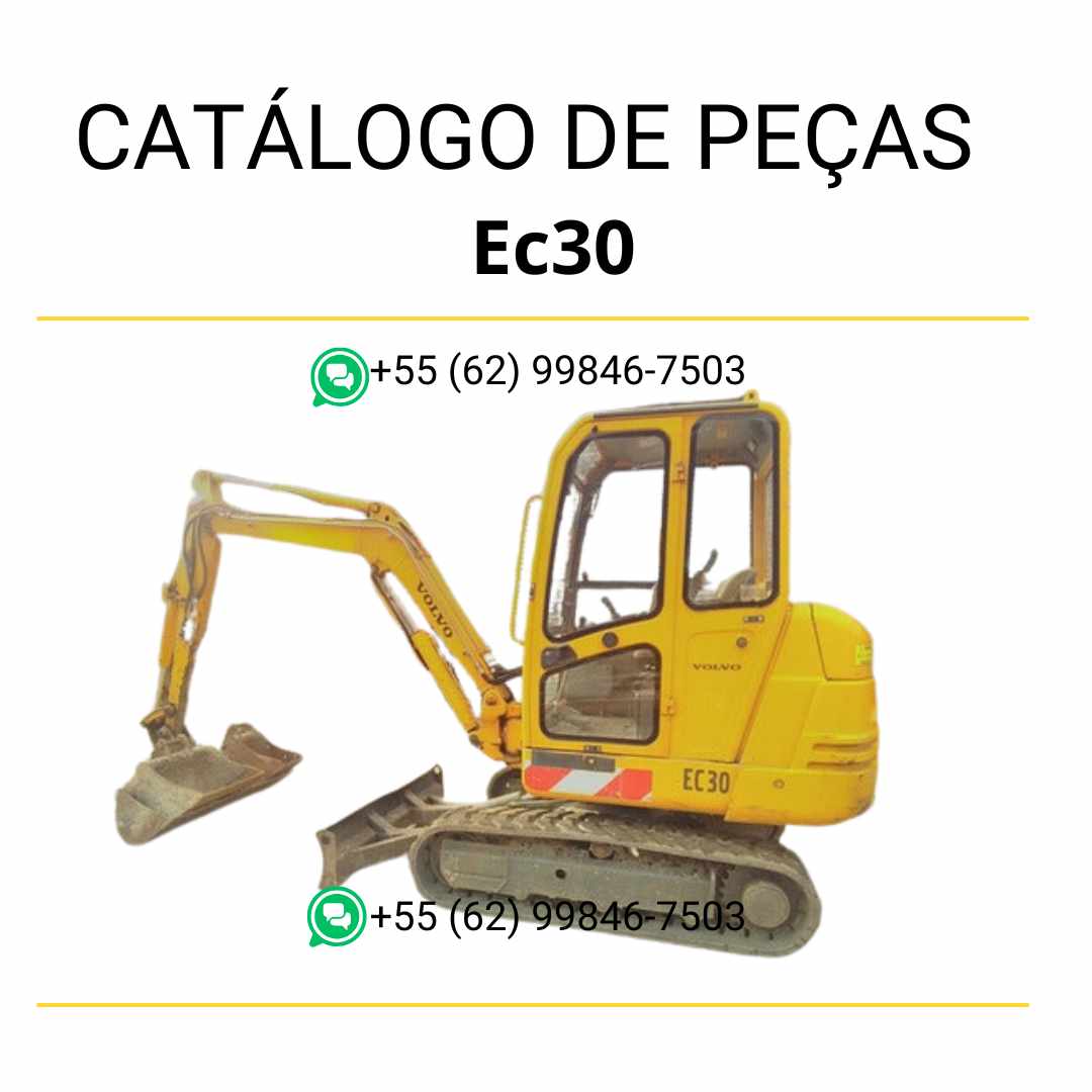 Catálogo de peças em PDF para escavadeira compacta Volvo EC30, com diagramas técnicos detalhados em português para manutenção e identificação de componentes.
