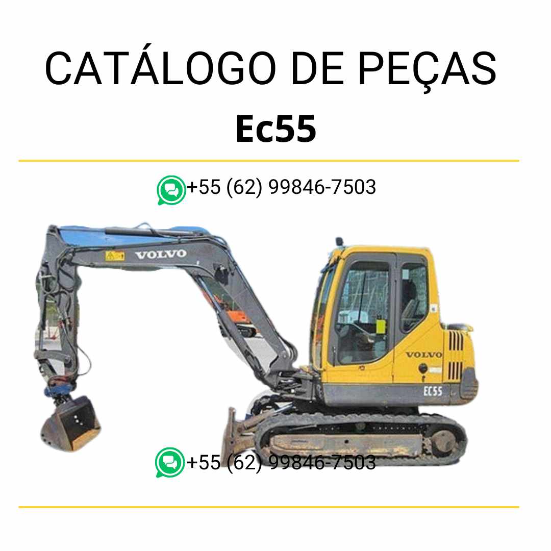 Catálogo de peças em PDF para escavadeira compacta Volvo EC55, com conteúdo técnico detalhado em português e diagramas completos para manutenção e identificação.