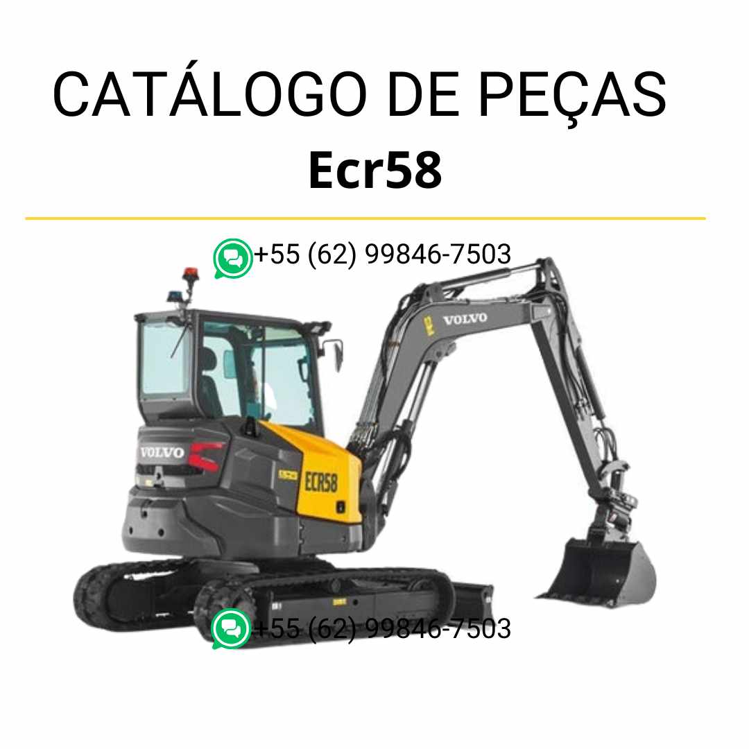 Catálogo de peças em PDF para escavadeira compacta Volvo ECR58, com conteúdo técnico ilustrado em português para manutenção e identificação eficiente de componentes.