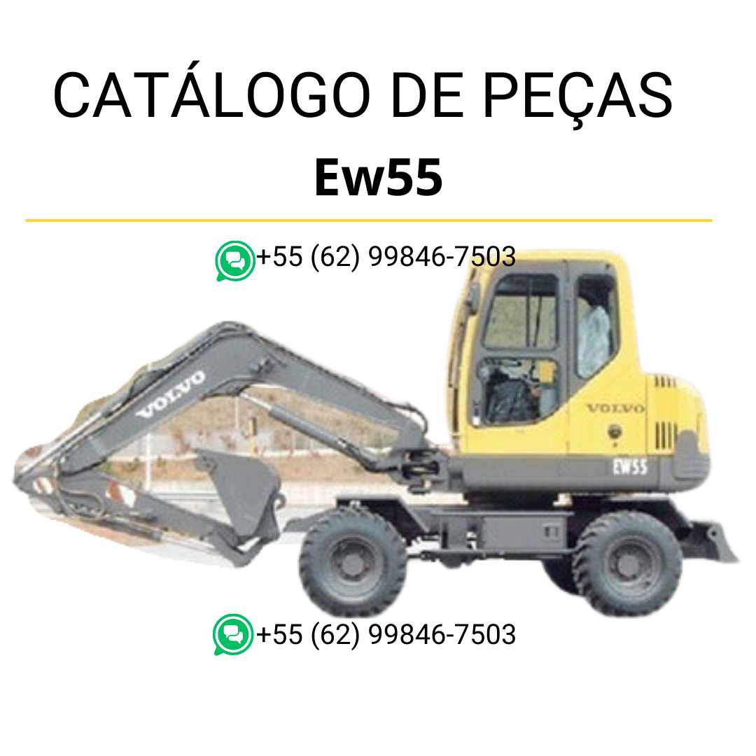 Catálogo de peças em PDF da escavadeira compacta Volvo EW55, com diagramas técnicos detalhados em português para manutenção e identificação precisa de componentes.