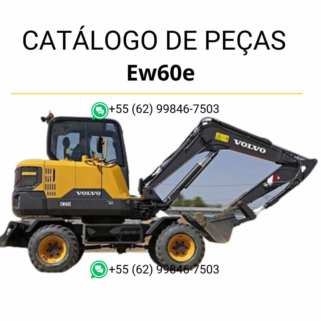 Catálogo de peças em PDF para escavadeira compacta Volvo EW60E, com conteúdo técnico em português e diagramas detalhados para manutenção e identificação de peças.