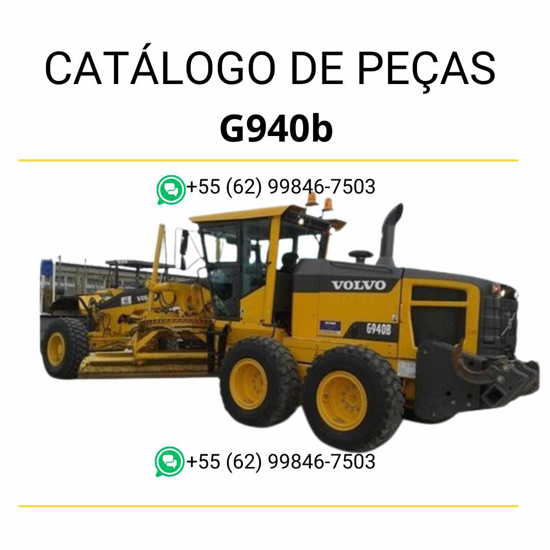 Catálogo de peças em PDF da motoniveladora Volvo G940B, com diagramas técnicos detalhados, conteúdo em português e códigos para manutenção