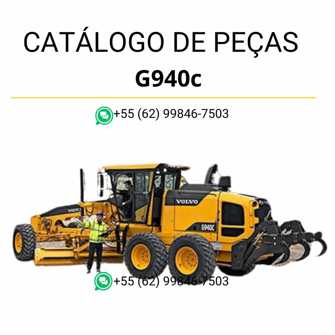 Catálogo de peças em PDF da motoniveladora Volvo G940C, com conteúdo em português, diagramas técnicos e códigos detalhados para manutenção