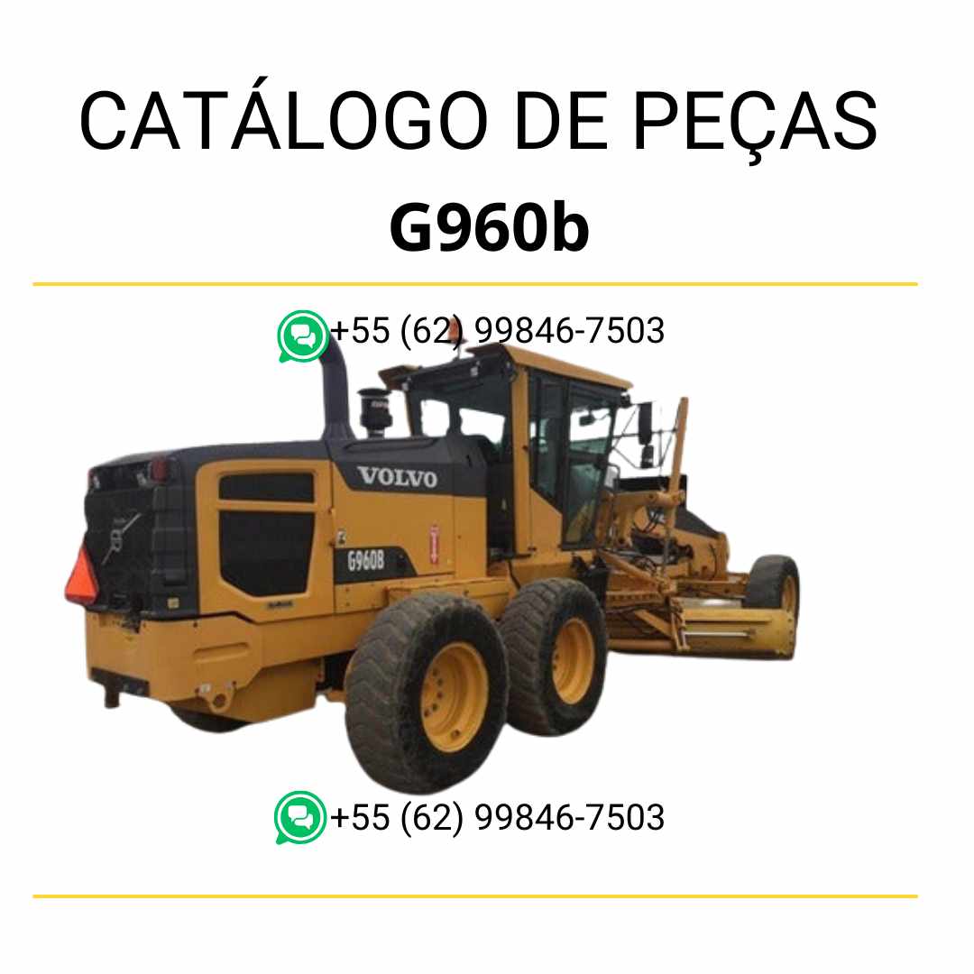 Catálogo de peças em PDF da motoniveladora Volvo G960B, com diagramas técnicos detalhados, conteúdo em português e códigos para manutenção precisa
