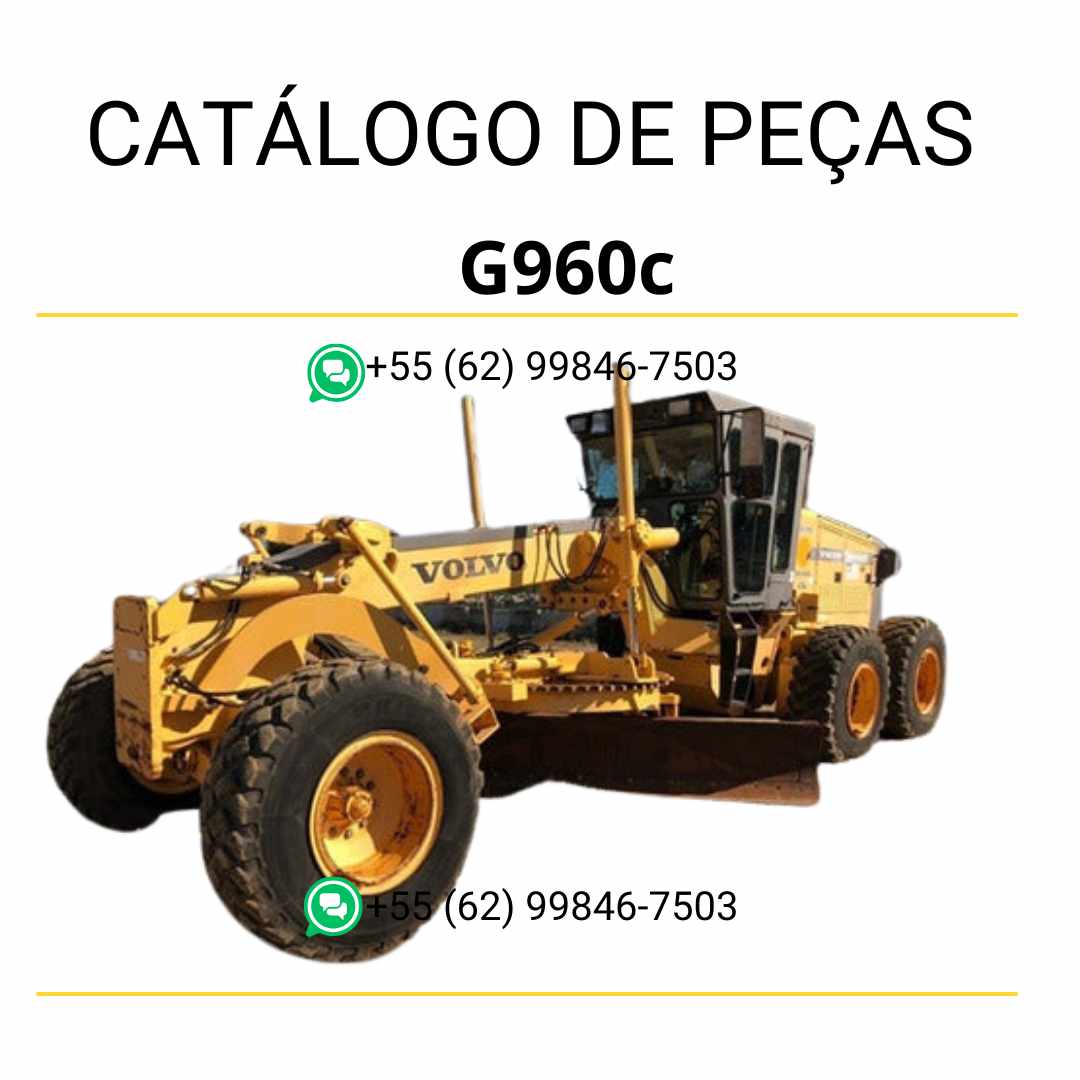 Catálogo de peças em PDF da motoniveladora Volvo G960C, com conteúdo técnico em português, diagramas detalhados e códigos para reposição