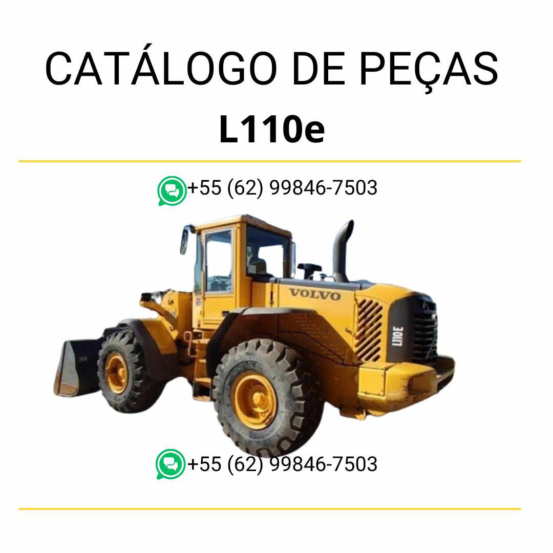 Catálogo de peças em PDF da pá carregadeira Volvo L110E, com conteúdo em português, diagramas técnicos detalhados e códigos para manutenção