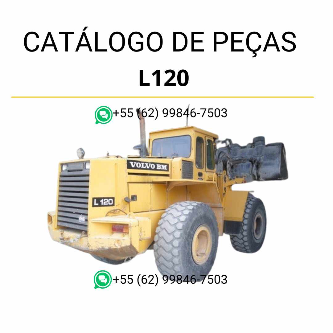 Catálogo de peças em PDF da pá carregadeira Volvo L120 BM, com conteúdo em português, diagramas técnicos detalhados e códigos para reposição