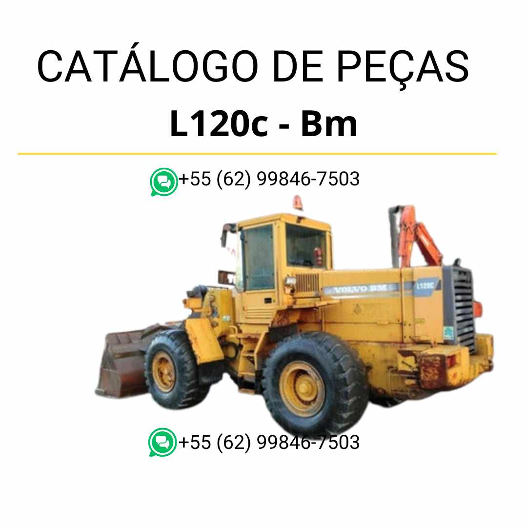 Catálogo de peças em PDF da pá carregadeira Volvo L120C BM, com conteúdo em português, diagramas técnicos detalhados e códigos de manutenção